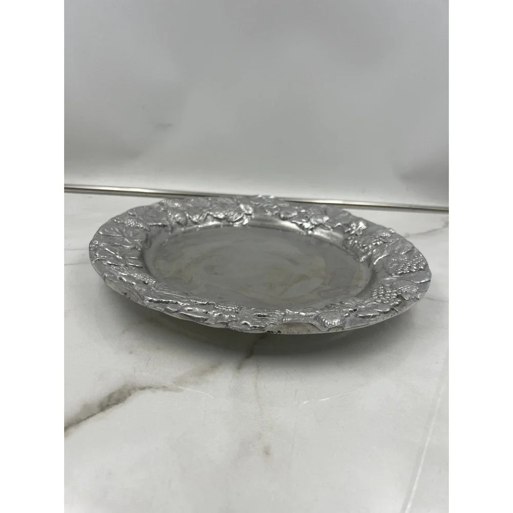 VTG Serving Platter Embossed Strawberries Floral Pewter Style Metal Charger 11.5